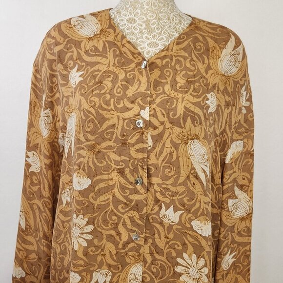 Real Clothes Sax 5th Ave Women's Size Large Mustard Floral Silk Button Up Top - Picture 3 of 15